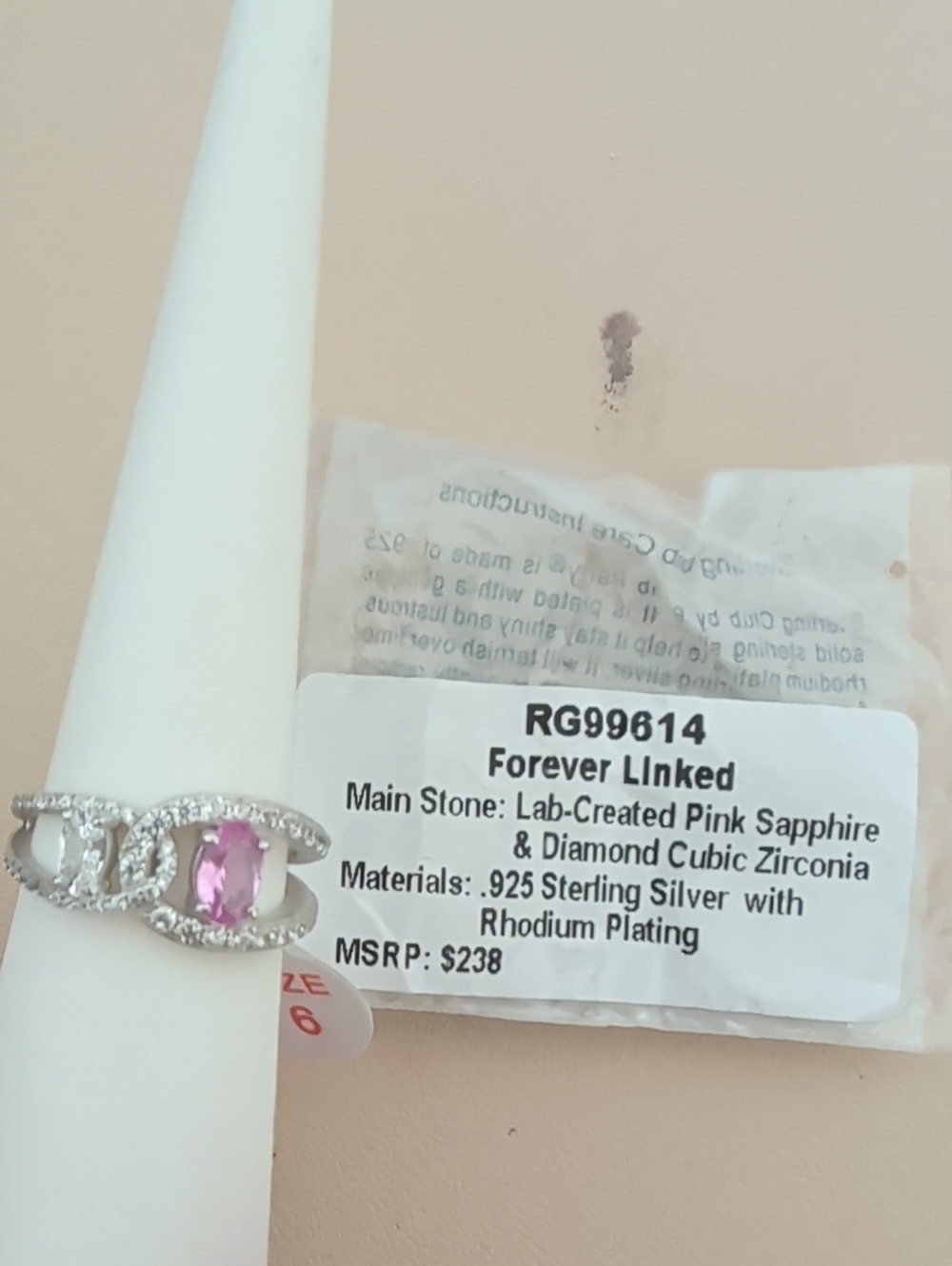Forever Link 925 Sterling Silver Ring with Pink Sapphire Bomb Party Size 6